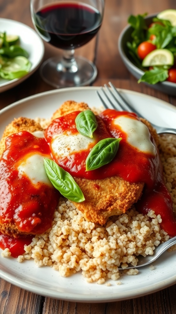Quinoa chicken parmesan with breaded chicken, marinara sauce, and melted cheese on a bed of quinoa, garnished with basil.